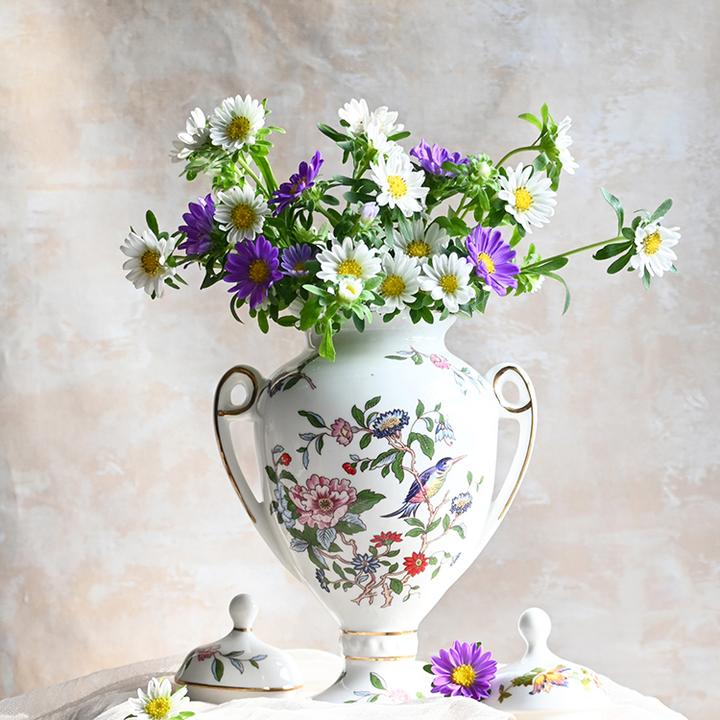 安斯丽雀鸟兰花骨瓷高档双耳花瓶大型插花瓶客厅摆件