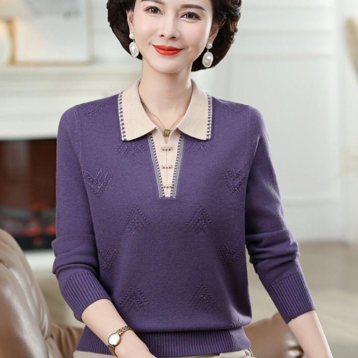 中老年气质翻领时尚拼色打底衫妈妈秋装宽松休闲百搭针织长袖小衫