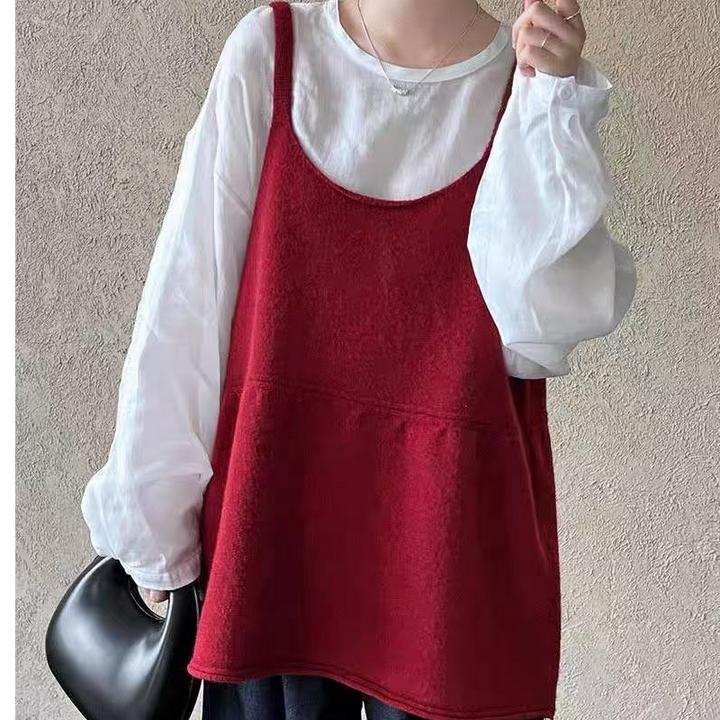 日系韩系U领气质针织吊带背心百搭软糯慵懒风无袖上衣宽松孕妇装