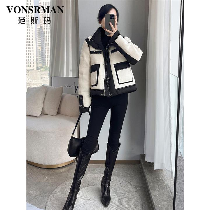 小香风拼接撞色短款羽绒服女2025冬季新款时尚加厚保暖粗花呢外套