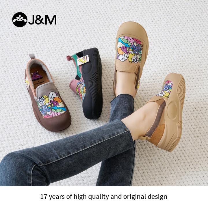 J&M/快乐玛丽原创涂鸦圆头乐福鞋女2025新款一脚蹬软底撞色65899W