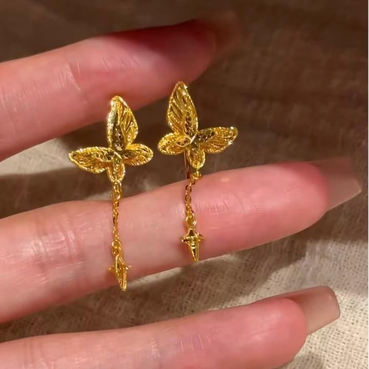 卡柒 铜合金耳饰 爆闪立体蝴蝶流苏耳环女轻奢气质高级千金感耳饰