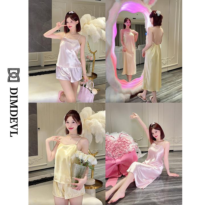 DIMDEVL/汀黛吊带钻扣纯欲甜美流光缎面仿真丝家居服睡衣女夏薄款