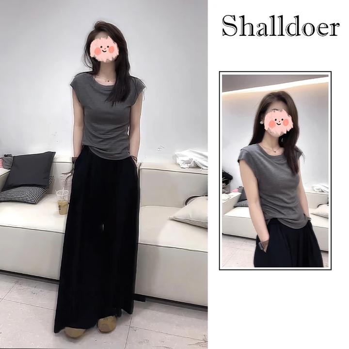 2025年夏季气质圆领修身短袖打底T恤黑色阔腿裤套装欧尼出游必备