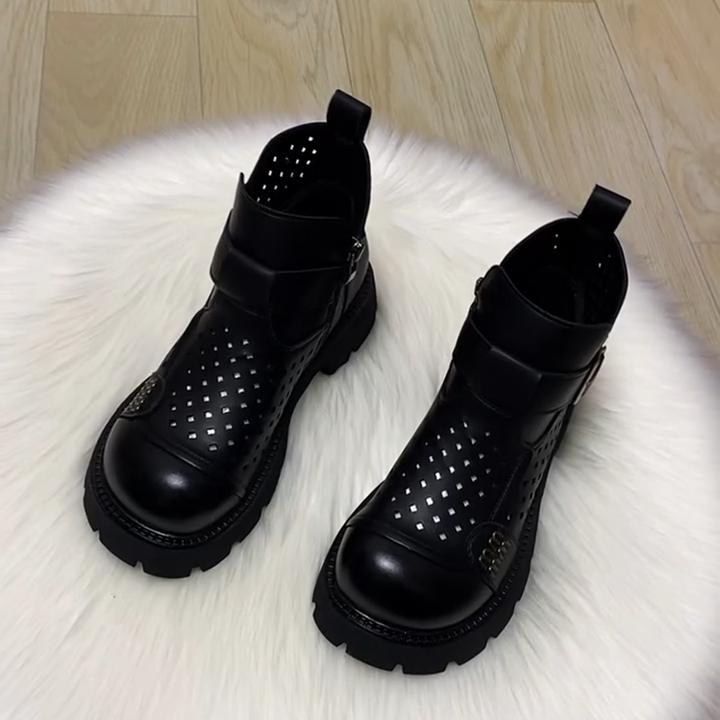 真皮镂空凉靴女2025春夏薄款复古时尚百搭短靴厚底洞洞透气马丁靴