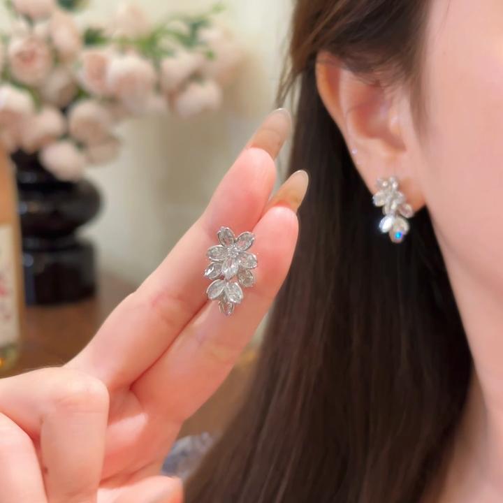 芒果饰品 铜合金锆石耳饰 夏日闪锆花朵树叶流苏耳环女气质耳饰