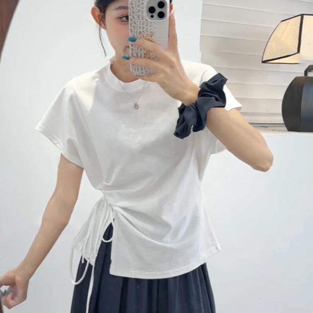 （现货）韩式设计款绑腰收腰袖口翻边短袖宽松T恤衫上衣不规则高腰
