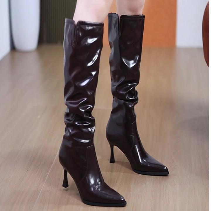 7cm性感尖头亮皮高跟不过膝长靴2025秋冬百搭套筒褶皱细跟瘦瘦靴
