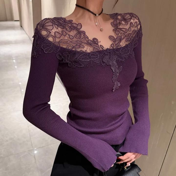 2025秋冬新款时尚百搭设计感3D蕾丝拼接性感修身显瘦针织上衣女