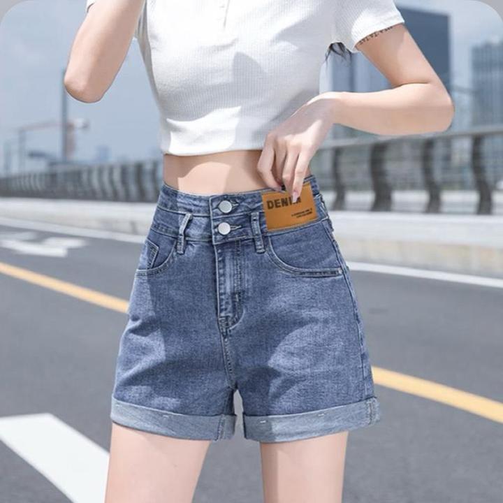 浅蓝色高腰牛仔短裤女2025年新款夏季宽松显瘦小个子阔腿a字热裤
