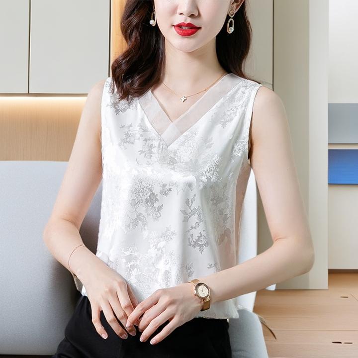 V领女夏装T恤缎面妈妈装无袖背心潮吊带外穿打底西装内搭白色宽松