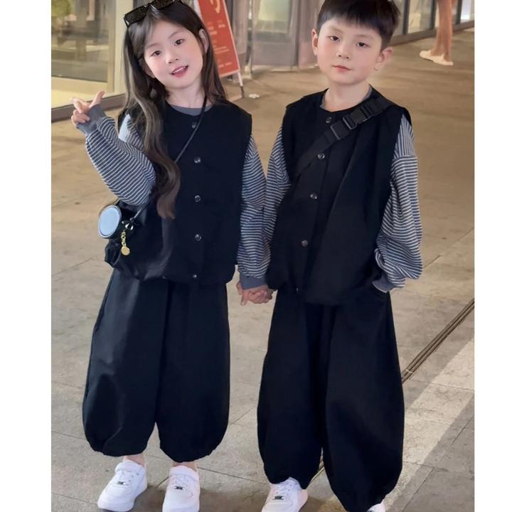 儿童秋季套装新款男女童洋气时尚兄妹马甲坎肩休闲束脚裤两件套