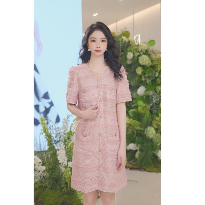 Migaino曼娅奴女装秋季新款V领宽松优雅轻奢气质小香风短袖连衣裙