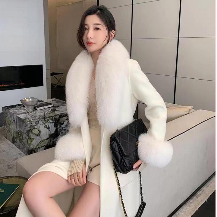 【猫猫专属】都市富婆超大狐狸毛领双面羊毛大衣修身显瘦中长款