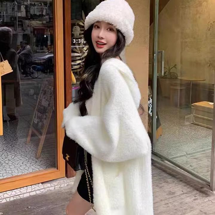 韩系慵懒风显瘦百搭纯色连帽口袋针织开衫女秋冬毛毛外套冬季上衣