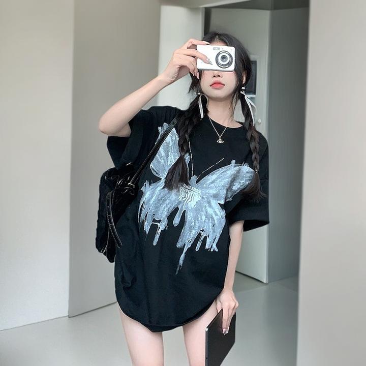 300斤大码潮牌纯棉短袖t恤男女士夏季宽松设计感小众蝴蝶百搭上衣