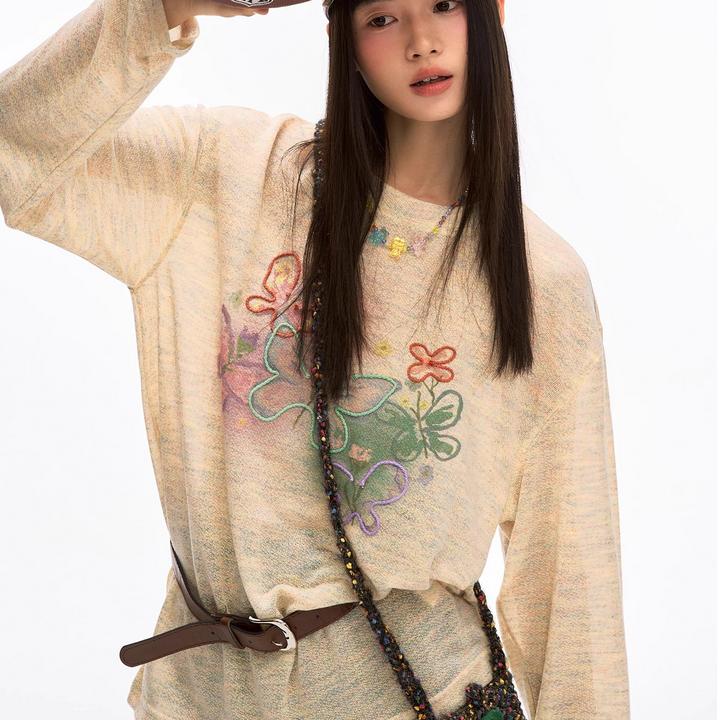 百搭盘带刺绣蝴蝶结长袖防晒罩衫t恤女夏季薄纱宽松慵懒风上衣N