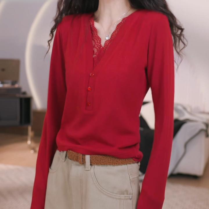 冬季新款毛针织衫长袖上衣毛衣纯色女秋季女装V领上衣LK2508993