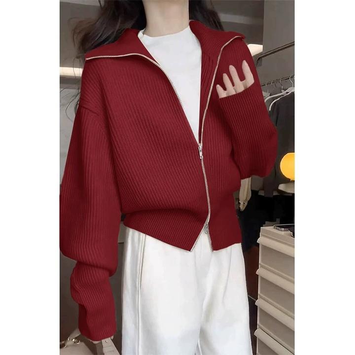 简约休闲宽松双拉链翻领毛衣女春季新款高级感软糯短款外套上衣