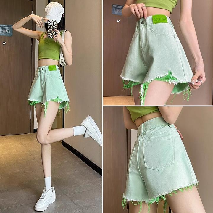 绿色破洞牛仔短裤女夏季薄款2025新款高腰撞色小个子宽松阔腿热裤