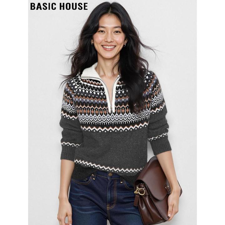 Basic House/百家好费尔岛半拉链翻领毛衣女2025秋冬撞色针织外套