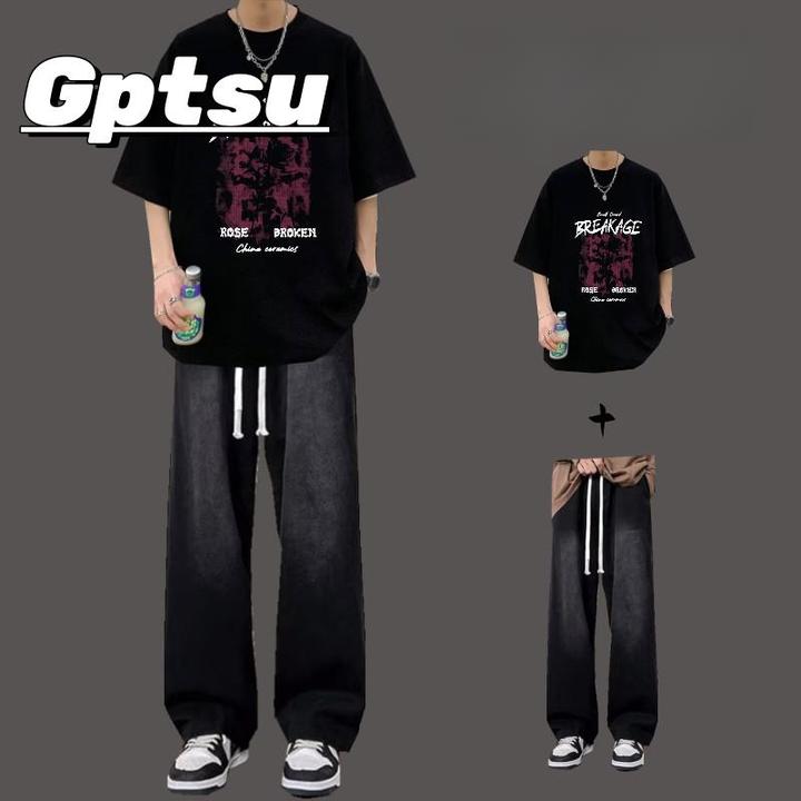 GPTSu夏季纯棉短袖T恤套装男潮流一套搭配牛仔裤青少年宽松两件套