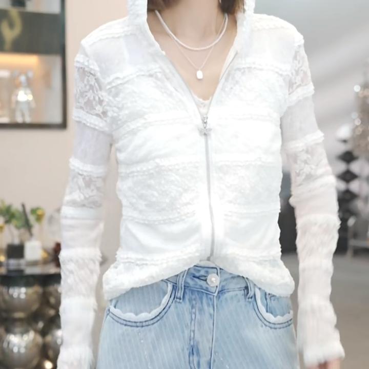 气质蕾丝刺绣连帽外套2025春季新款时尚拉链设计感上衣卫衣