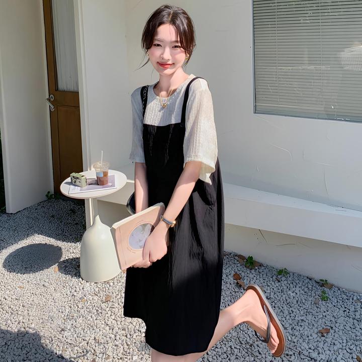 设计感拼色假两件背带连衣裙女夏季韩版宽松遮肉显瘦气质T恤裙子
