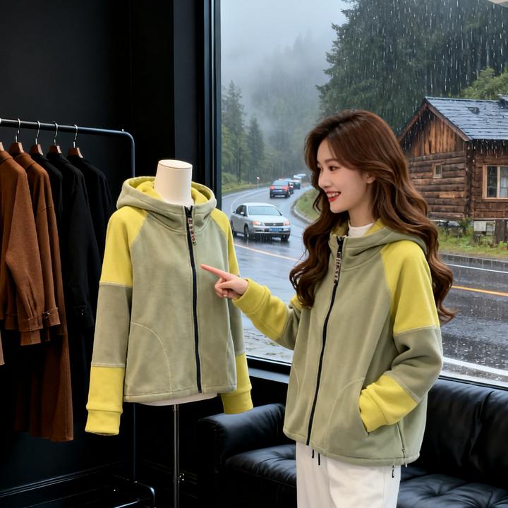 冬季连帽卫衣加厚连帽外套女卫衣时尚休闲显瘦拼接百搭拉链