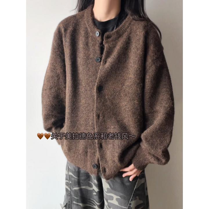 V37美式慵懒风纽扣开衫毛衣男款秋季潮牌复古纯色针织衫夹克