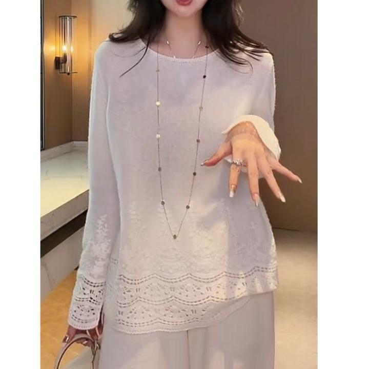 圆领钩花蕾丝开叉长袖针织衫女2025秋冬新款时尚气质休闲内搭上衣