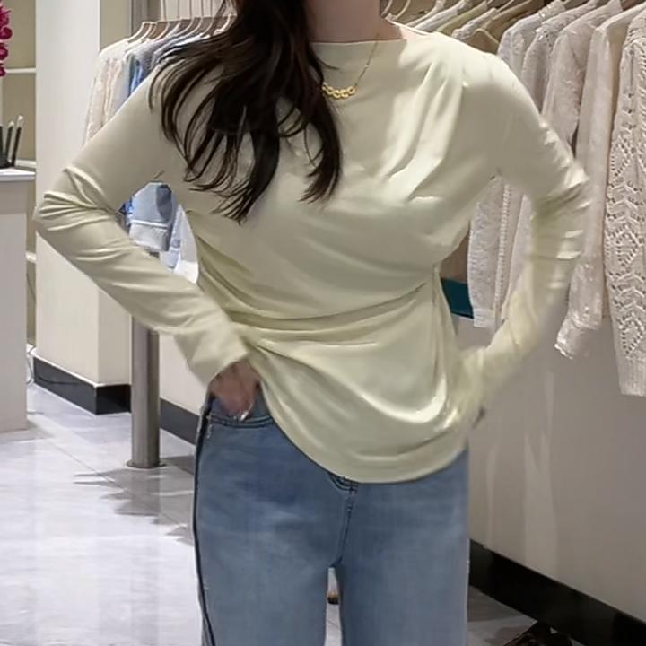 纯欲修身一字肩长袖T恤不规则上衣2025新款春时尚纽扣设计感气质