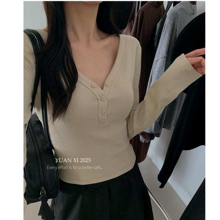 由子衣舍/Youzi Atelier秋上新爆款低领开扣辣妹性感长袖打底衫