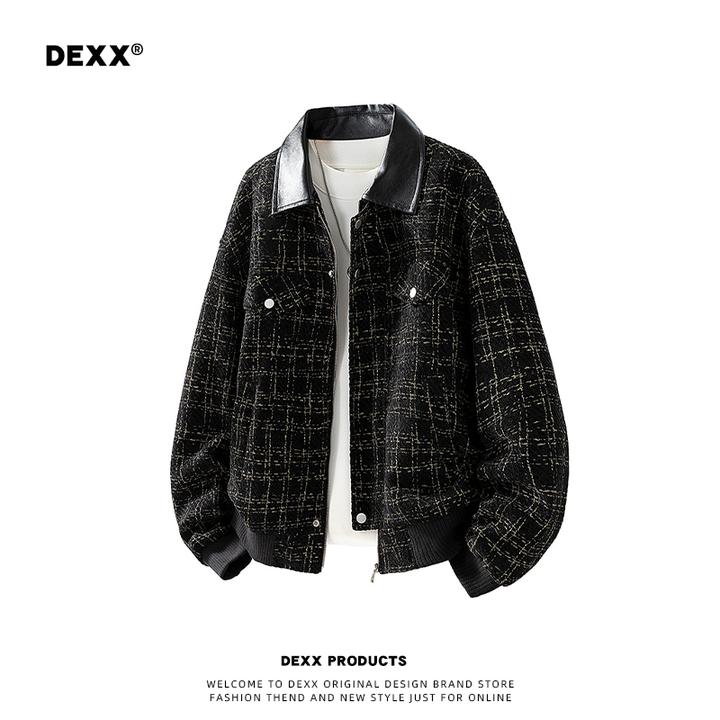 潮牌皮领夹克男士重工小香风外套宽松格子撞色高级感外穿上衣服