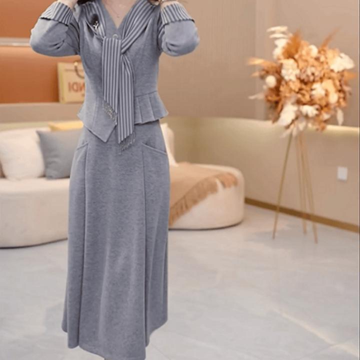 B145【上衣+半身裙】2025秋季新款时尚围巾领气质优雅法式套装裙