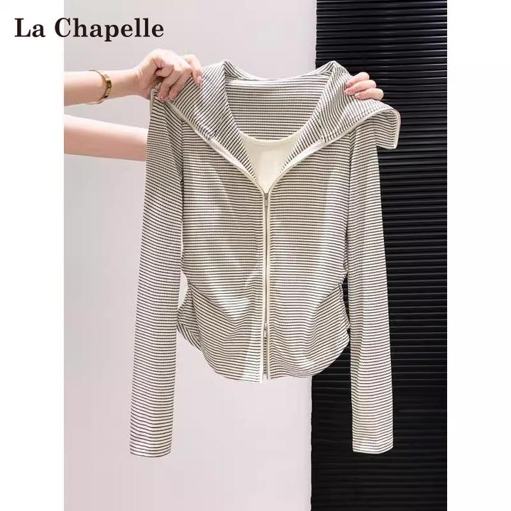 拉夏贝尔条纹拼接假两件长袖t恤女秋季新款海军领收腰双拉链上衣