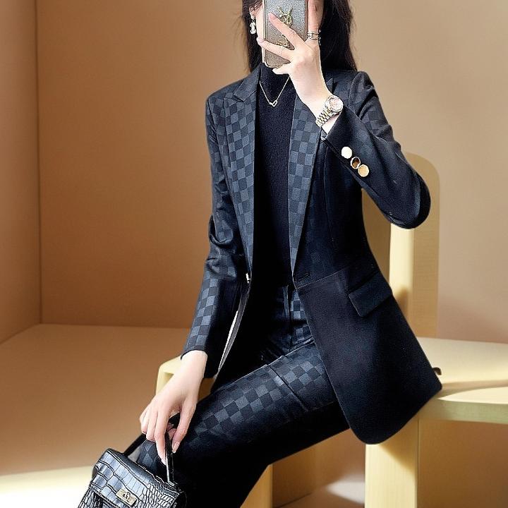 西装外套女士黑色千鸟格高端西服正装高级时尚职业工作服夏季薄款