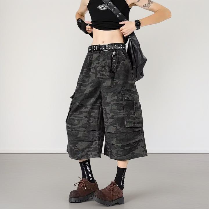 褶皱迷彩七分牛仔裤男款夏季美式大口袋工装短裤宽松直筒阔腿裤子