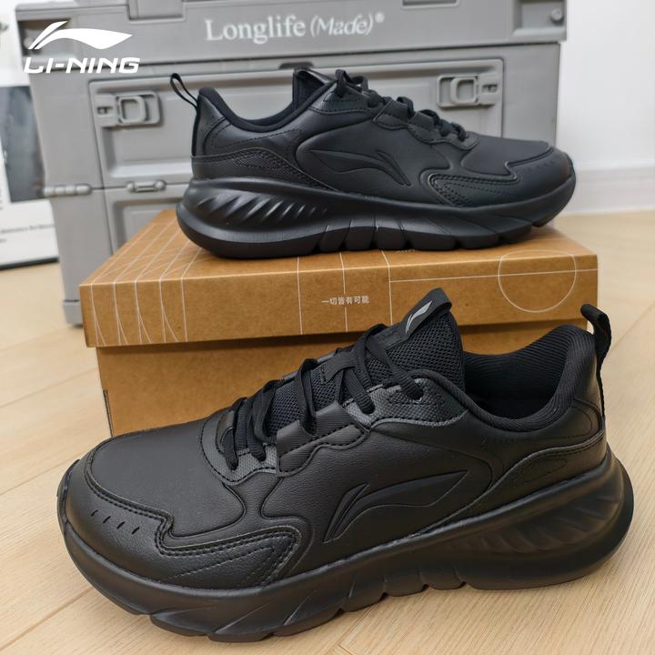 李宁男鞋运动鞋官方正品防泼水减震黑色革面低帮防滑轻便跑步鞋