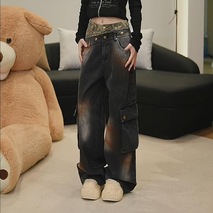加绒抓毛2025冬季新款潮酷原创设计黑色工装牛仔裤女直筒阔腿裤子