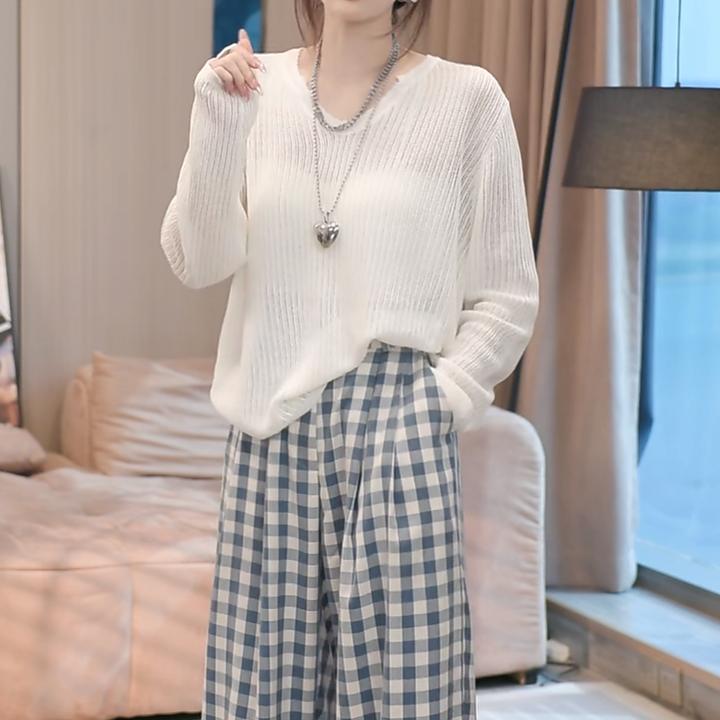 长袖防晒薄款镂空打底时尚针织衫女春季2025新款百搭白色圆领上衣