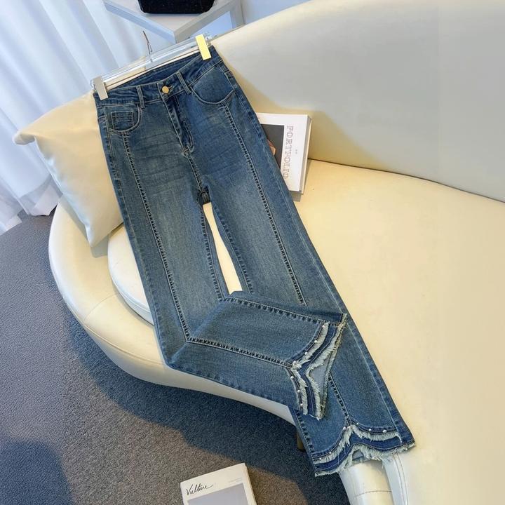 毛边不规则微喇牛仔裤女2025秋季新款高腰修身显瘦休闲马蹄喇叭裤