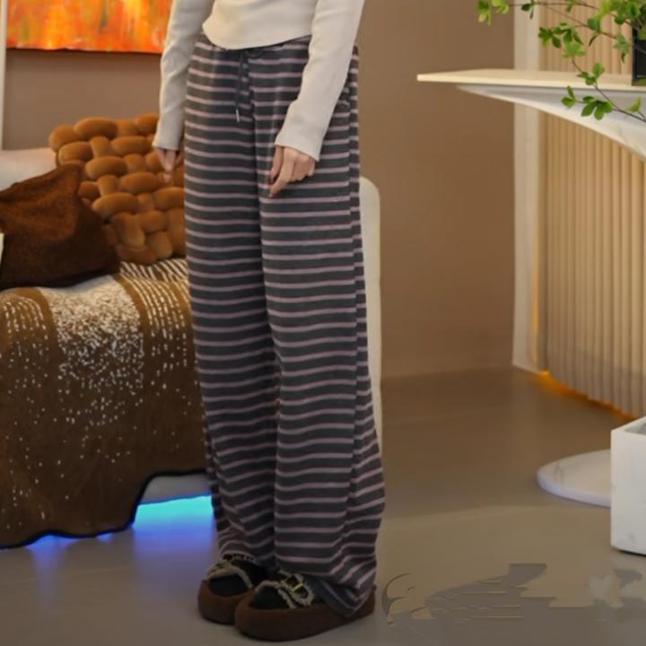 设计感灰粉色条纹拼接宽松阔腿裤薄款女2025春季新款高级直筒裤
