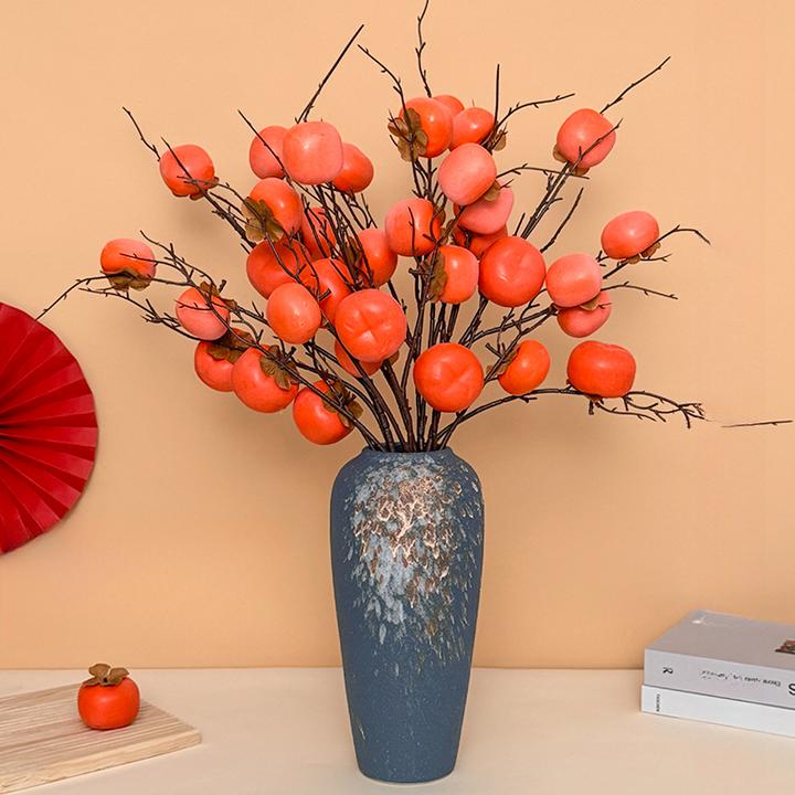 仿真柿子果实树枝柿柿如意插花摆件高档年宵花束客厅装饰干花摆设