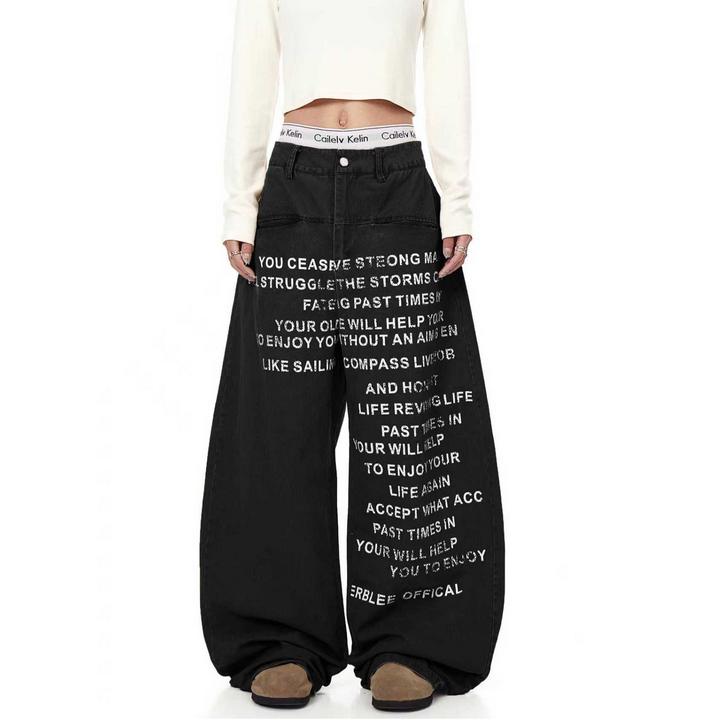 美式复古街头字母印花牛仔裤男女显瘦百搭2025年新款秋季弯刀裤子