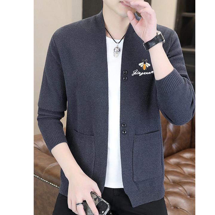 保登皮兹小蜜蜂刺绣针织开衫男潮流薄款夹克衫男装羊毛衫外套