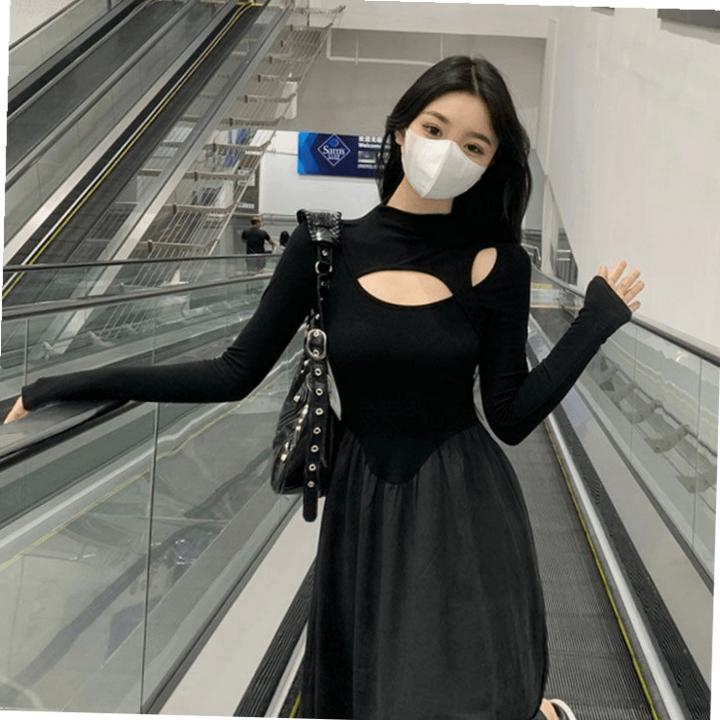 莲叶黑色风大码连衣裙秋季小众设计感女装裙气质高腰显瘦长裙