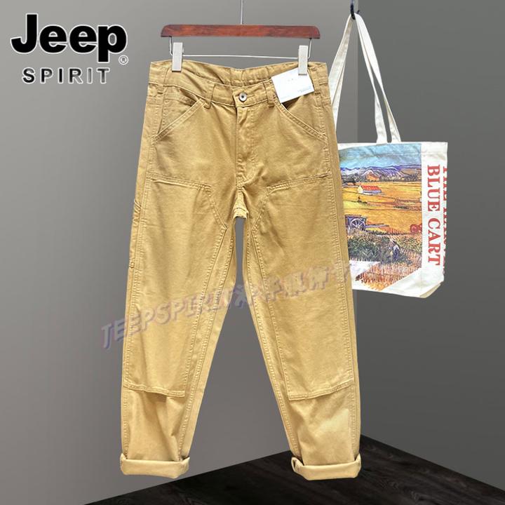 Jeep吉普春秋季薄款休闲裤纯色多口袋直筒裤男设计感拼接男士长裤