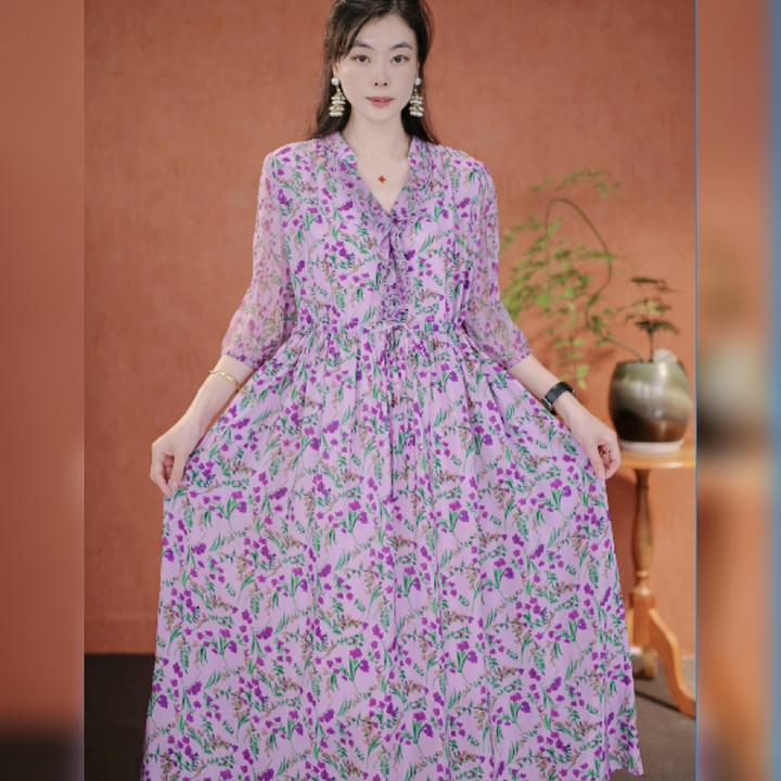 【多米拉】02525夏季桑蚕丝休闲风连衣裙玫红收腰气质女装裙子显