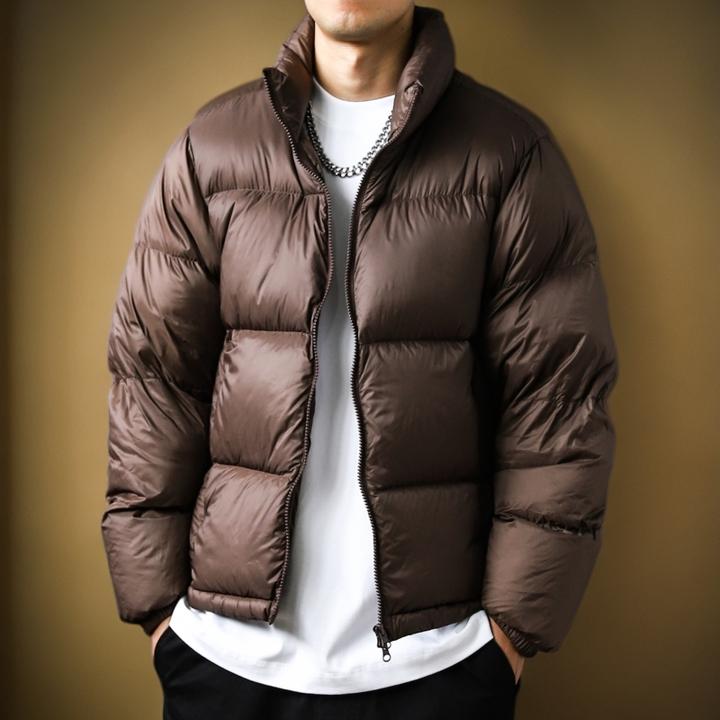 维斯克纳白鸭绒亮面秋冬美式立领面包纯色加厚宽松羽绒服外套咖色